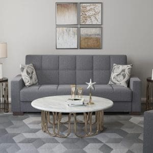Modern design, Salt and Pepper Gray, Chenille upholstered convertible sleeper, Sofabed with underseat storage from Armada Collection by Ottomanson in living room lifestyle setting by itself. This Sofabed measures 90 inches width by 22 inches depth by 41 inches height.