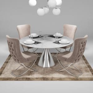 Royal Collection Wing Back, Modern design, upholstered dining chair in Pearled Ivory with Silver Metal legs in a dining room with set of four chairs around a round table.